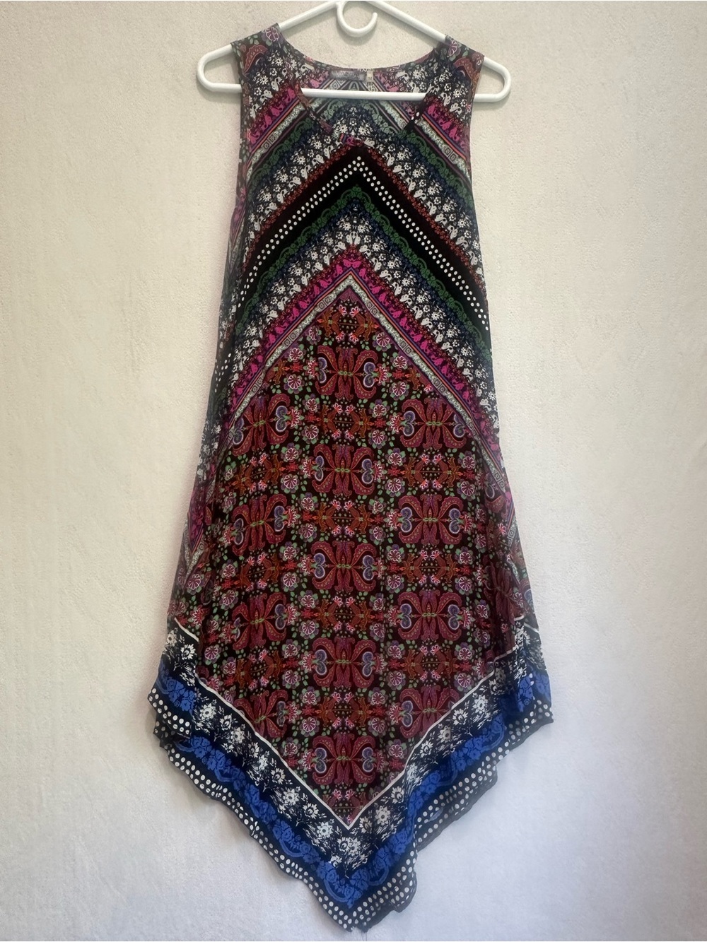Vasna Boho Handkerchief Hem Dress Multicolored Geometric Pattern Sz M